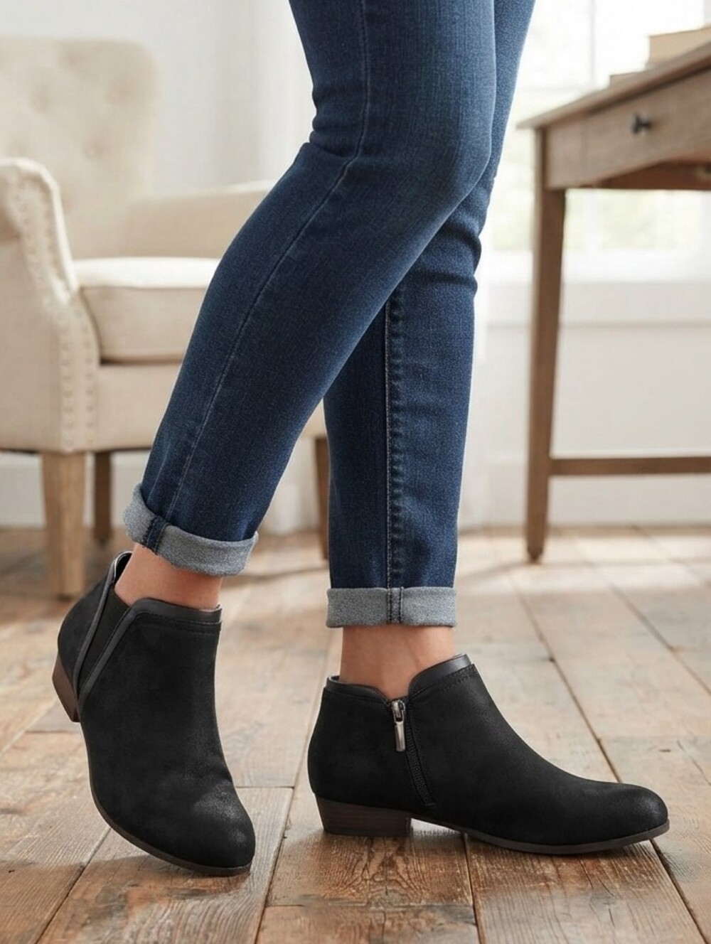 Comfortview Bexley Black Suede-Like Ankle Booties w/ Side Zip Wide Width 10W